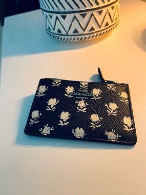 Coach Black Card Case with White Floral Print